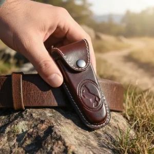 Bainha Para Canivete Em Couro Invernizado Marrom Escuro